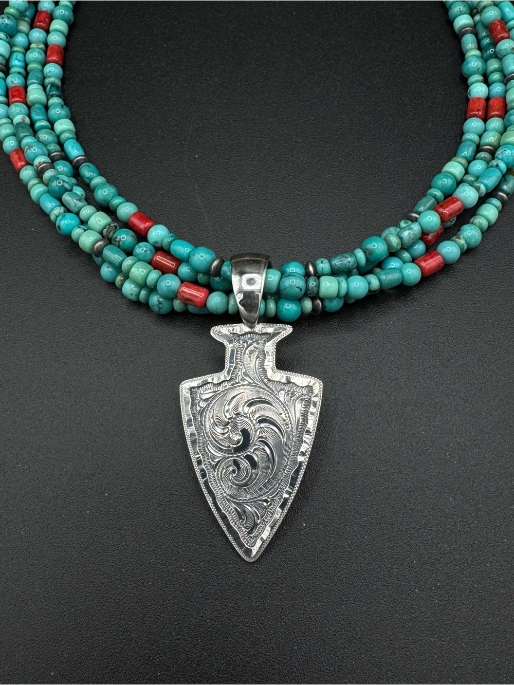 Turquoise Beaded Necklace with Engraved Silver Arrowhead Pendant
